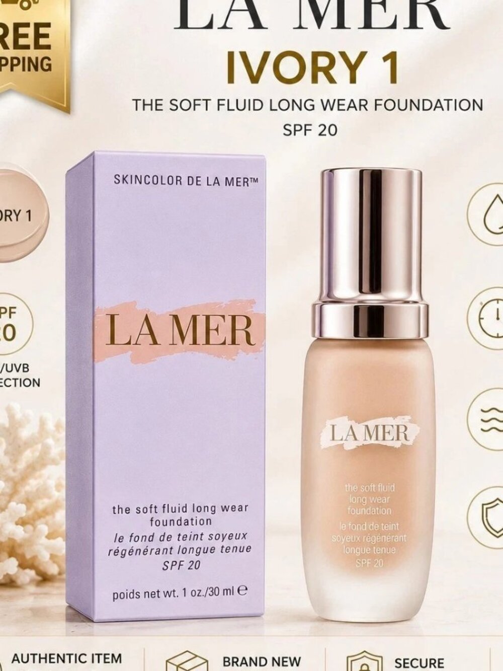 La Mer The Soft Fluid Long Wear Foundation SPF 20  1 oz / 30ml New In Box